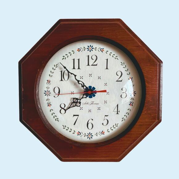 Vintage Seth Thomas “Amelia” Octagon Wall Clock – Folk Art Floral – Wood Frame - Picture 11 of 11